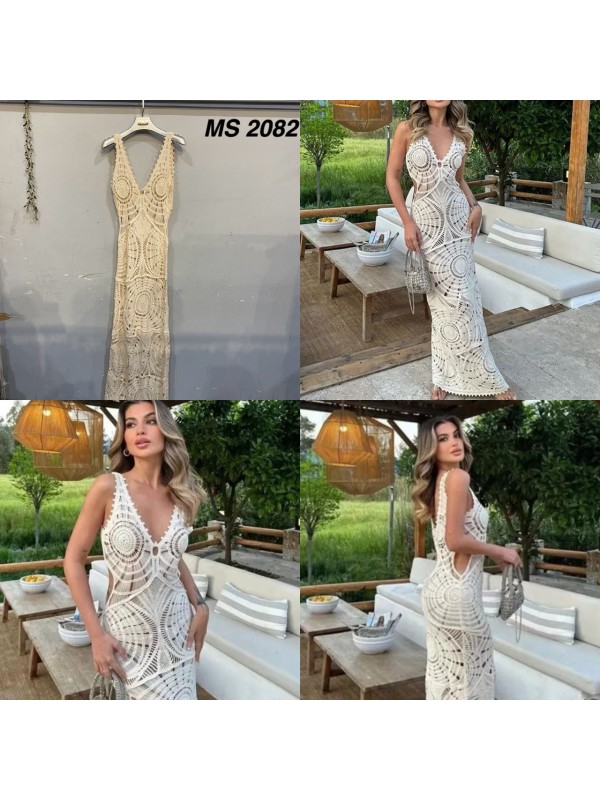 Vestidos de encaje y chiffon con mangas largas y bolsillos Lila Tallas Grandes